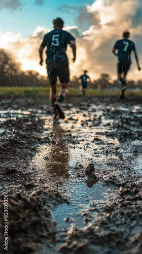 Athletes Running on Muddy Sports Field During Game photo