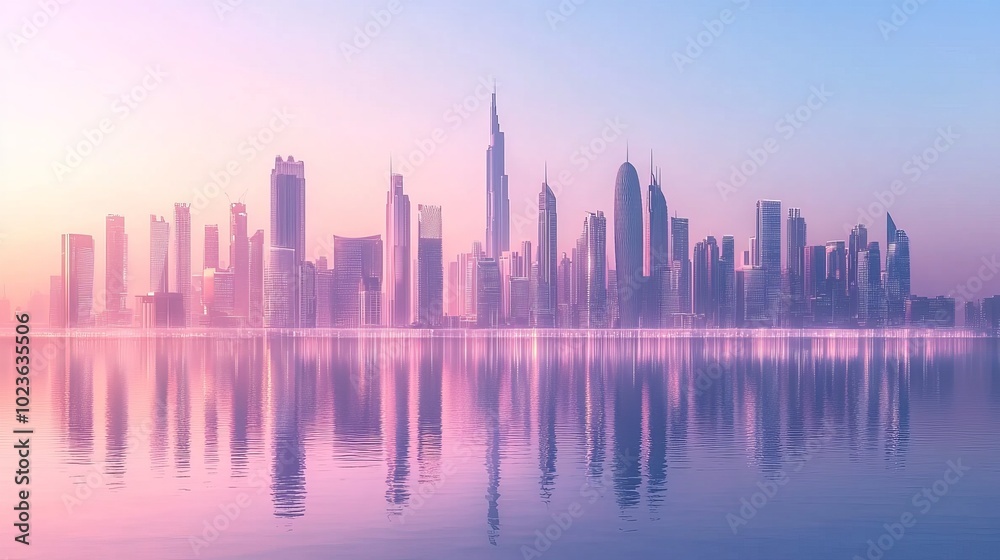 Skyscrapers reflected in the sea, under the scorching sun. Skyscrapers reflected in the sea, under the scorching sun.