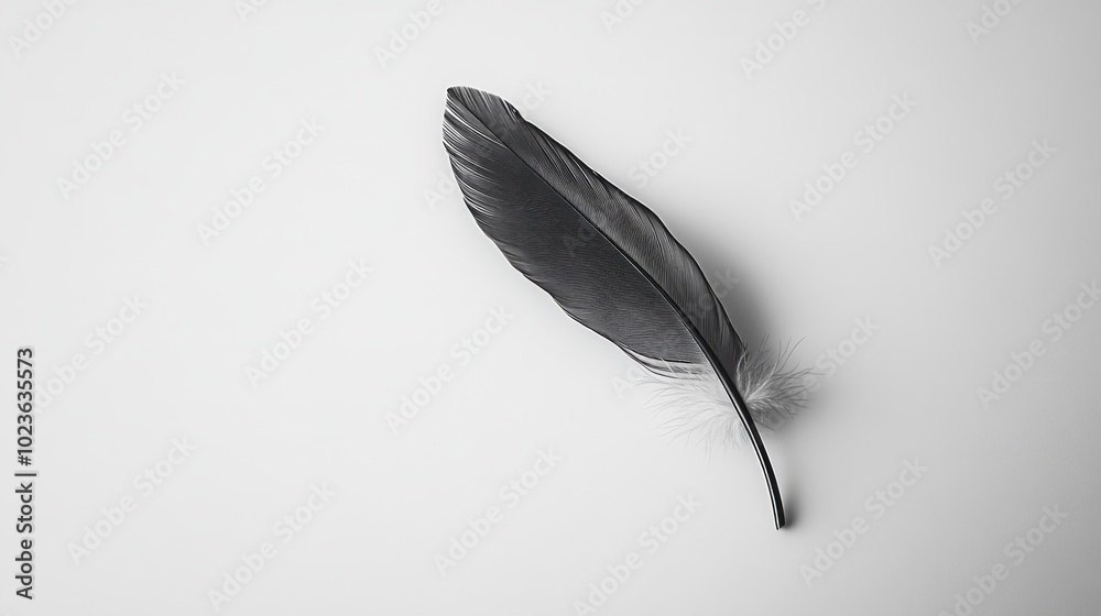 A single black feather on a white background. A single black feather on a white background.