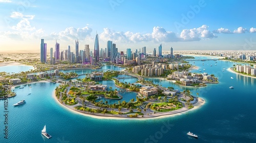 Panoramic cityscape with high-rise buildings and hot weather.