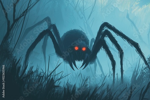 A Giant Spider Lurks in the Misty Forest photo