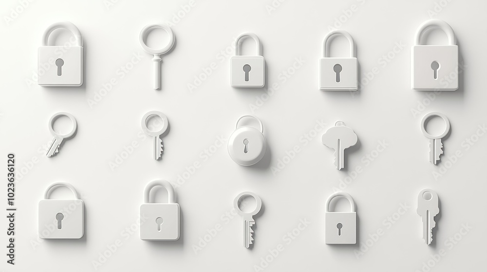 White 3D Rendered Lock and Key Icons on a White Background White 3D Rendered Lock and Key Icons on a White Background