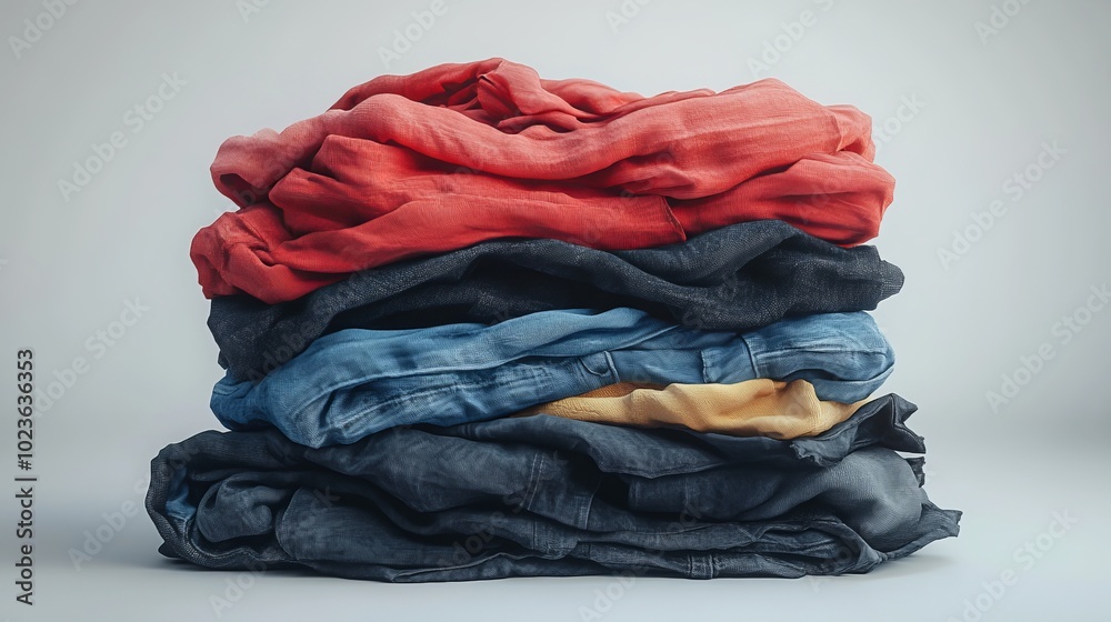 A pile of clothes folded for washing, on a white background. A pile of clothes folded for washing, on a white background.