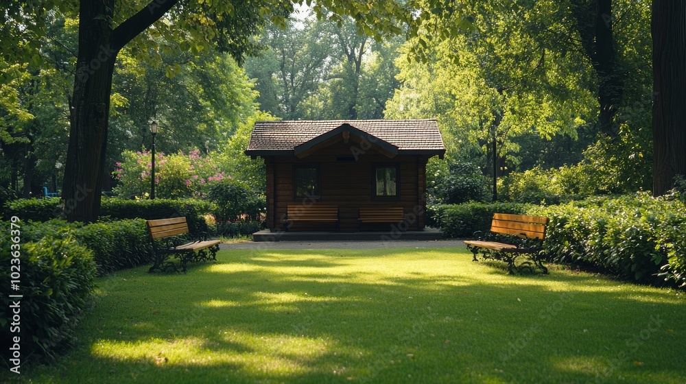 A small wooden cabin nestled in a lush green park with two wooden benches, surrounded by trees and bushes. A small wooden cabin nestled in a lush green park with two wooden benches, surrounded by trees and bushes.