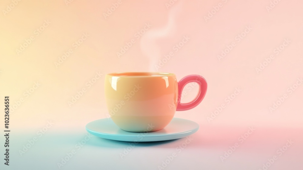 A Pastel-Colored Coffee Mug with Steam on a Blue Saucer A Pastel-Colored Coffee Mug with Steam on a Blue Saucer