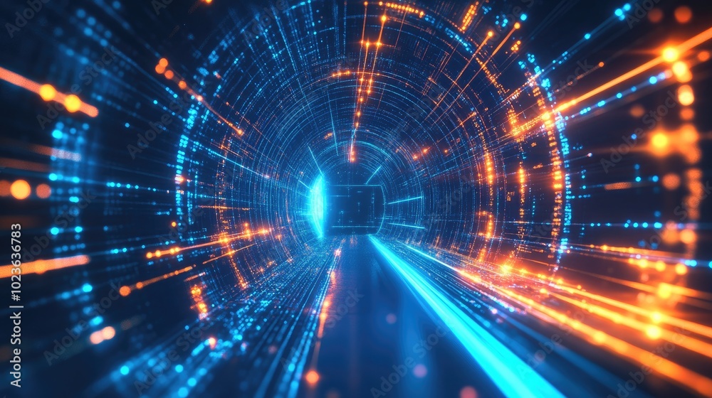 Abstract Glowing Blue And Orange Neon Lines And Dots Background With Digital Technology Tunnel Futuristic Cyberspace With High Speed Moving Digital Data Sci Fi Virtual Reality Abstract Glowing Blue And Orange Neon Lines And Dots Background With Digital Technology Tunnel Futuristic Cyberspace With High Speed Moving Digital Data Sci Fi Virtual Reality