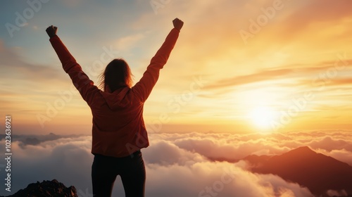 A person celebrating at sunrise, arms raised in joy atop a mountain above the clouds, capturing the essence of freedom and achievement.