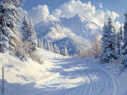 Ski run, snow and a frosty sunny day