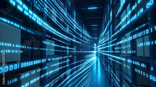 technology concept of a warehouse with Optimized Storage Shelving with Cardboard Box Organization, with analysis technology blue binary codes data flow
