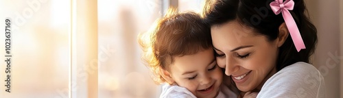 Mother embraces her happy child in a warm, joyful moment at home.