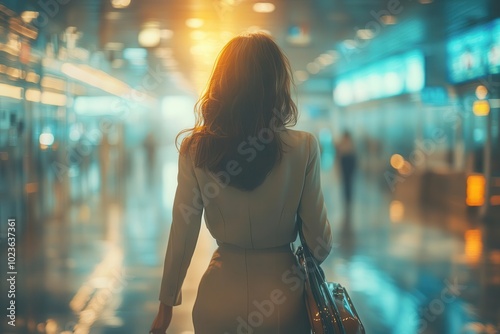 stylish businesswoman confidently striding through modern airport terminal sleek luggage trailing behind as she navigates bustling travel hub dynamic scene capturing essence of jetset lifestyle photo