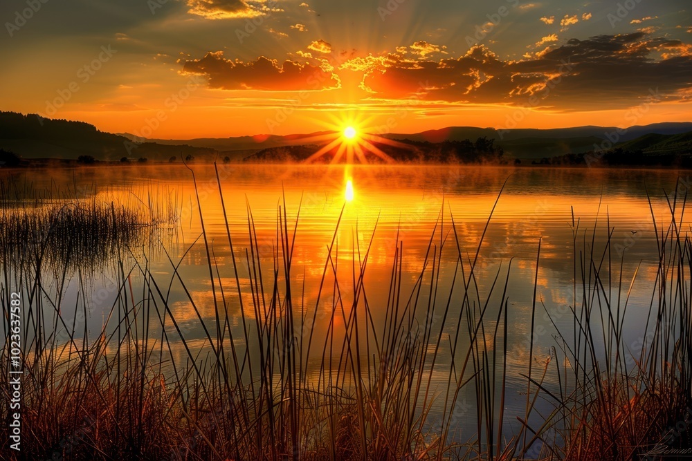 Sunrise lake landscapes sunlight outdoors nature.