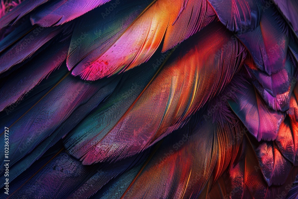 Close up of iridescent feathers with stunning colors and textures. Close up of iridescent feathers with stunning colors and textures.