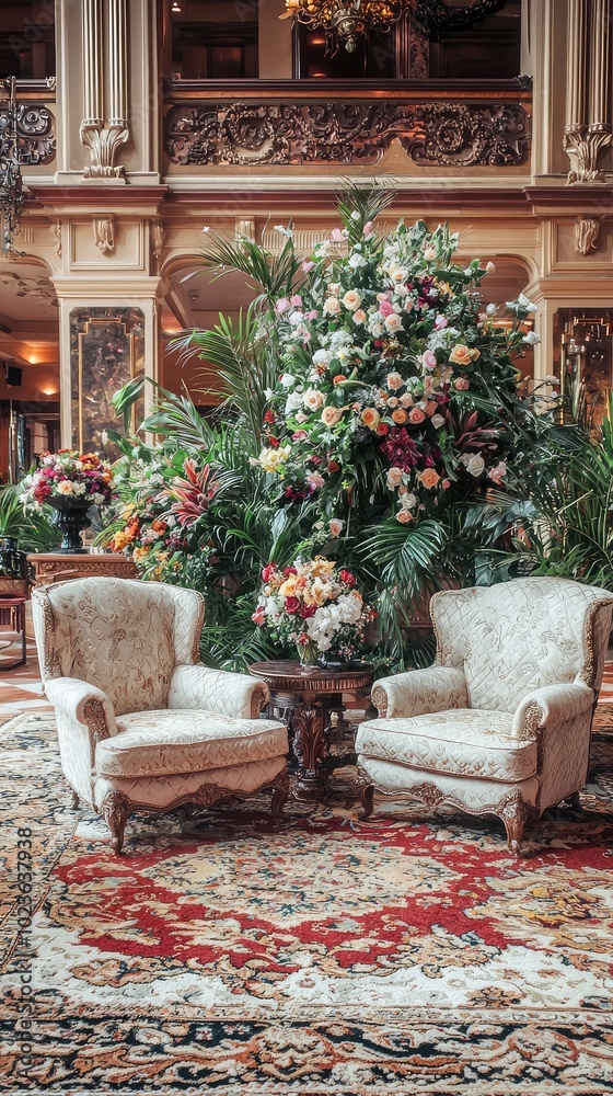 Elegant Hotel Lobby with Plush Armchairs and Floral Decor Elegant Hotel Lobby with Plush Armchairs and Floral Decor
