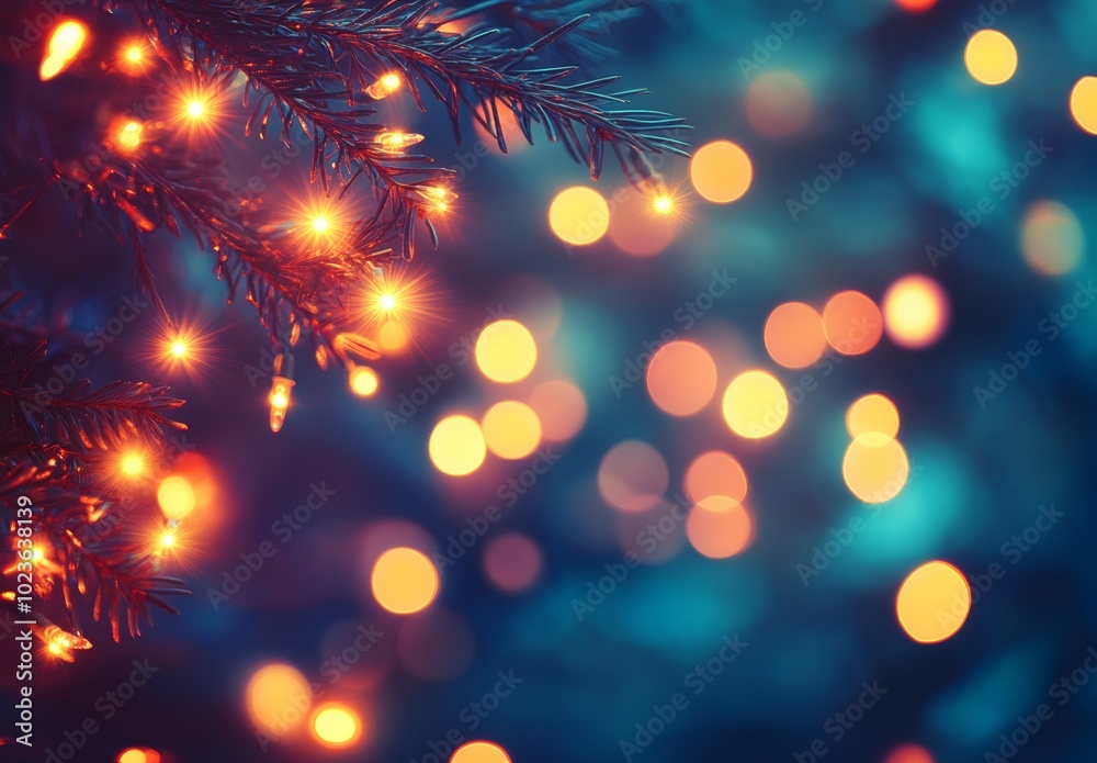 Obraz premium クリスマスツリーの装飾が施された緑の木々に輝く暖かい光のボケの中での祝祭的な雰囲気