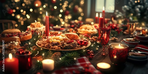 Realistic depiction of a holiday table with lifelike food, candles, and festive decor.