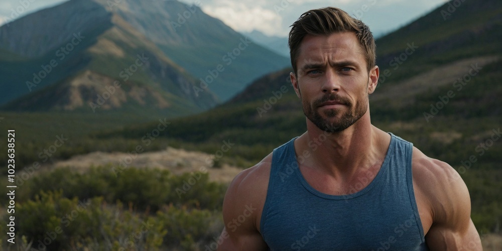 Strong man standing in a mountainous landscape promoting wellbeing during a sunny day in the great outdoors. Strong man standing in a mountainous landscape promoting wellbeing during a sunny day in the great outdoors.