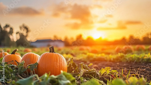 A pumpkin patch in a field at sunset, with rows of bright orange pumpkins waiting to be harvested, capturing the essence of the fall season.
