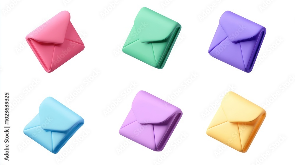 Six Colorful 3D Rendered Envelopes on a White Background Six Colorful 3D Rendered Envelopes on a White Background