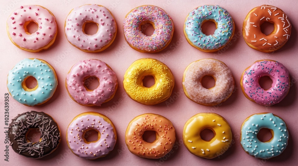 A row of colorful donuts with sprinkles on top A row of colorful donuts with sprinkles on top