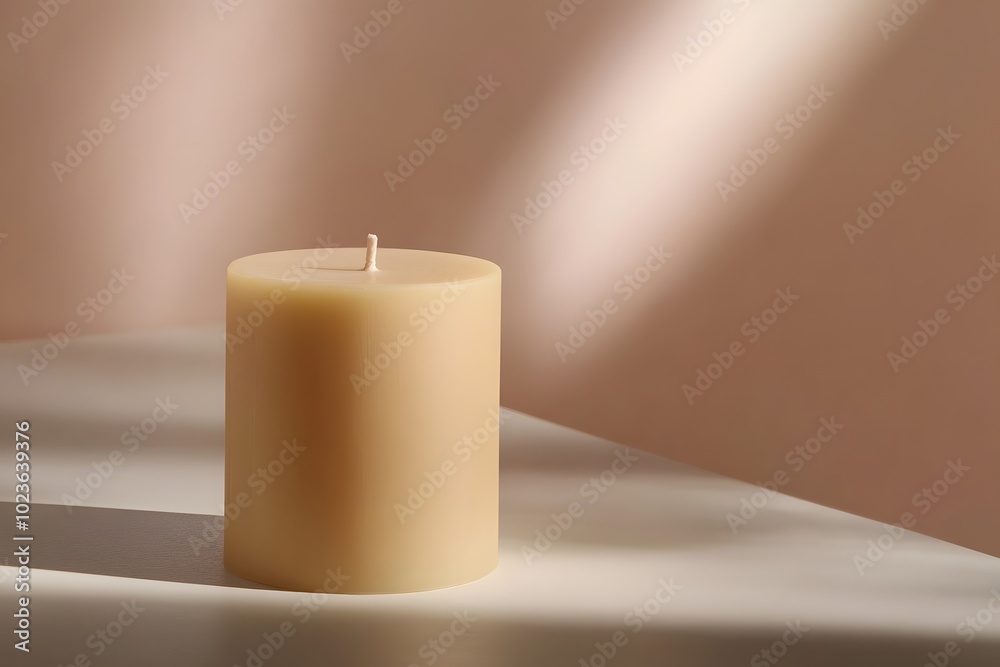 A soft, lit candle sits elegantly on a light-colored surface, casting gentle shadows in a tranquil setting. A soft, lit candle sits elegantly on a light-colored surface, casting gentle shadows in a tranquil setting.