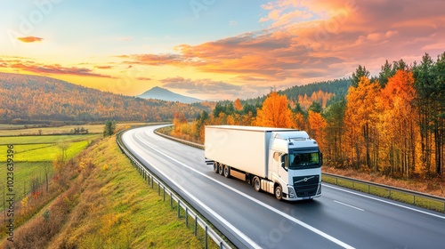 A white truck driving along a scenic road surrounded by colorful autumn trees and mountains under a beautiful sunset.