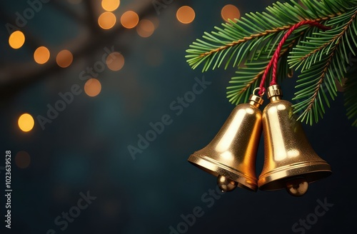 Golden Christmas bells on dark festive background  photo