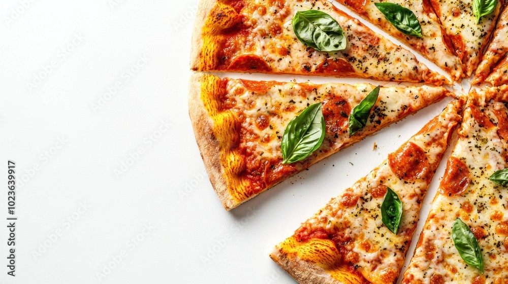 Delicious Homemade Italian Pizza with Fresh Basil Leaves and Melted Cheese Delicious Homemade Italian Pizza with Fresh Basil Leaves and Melted Cheese