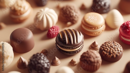 Desserts Including Macarons, Chocolate, and Red Berries on a Festive Table