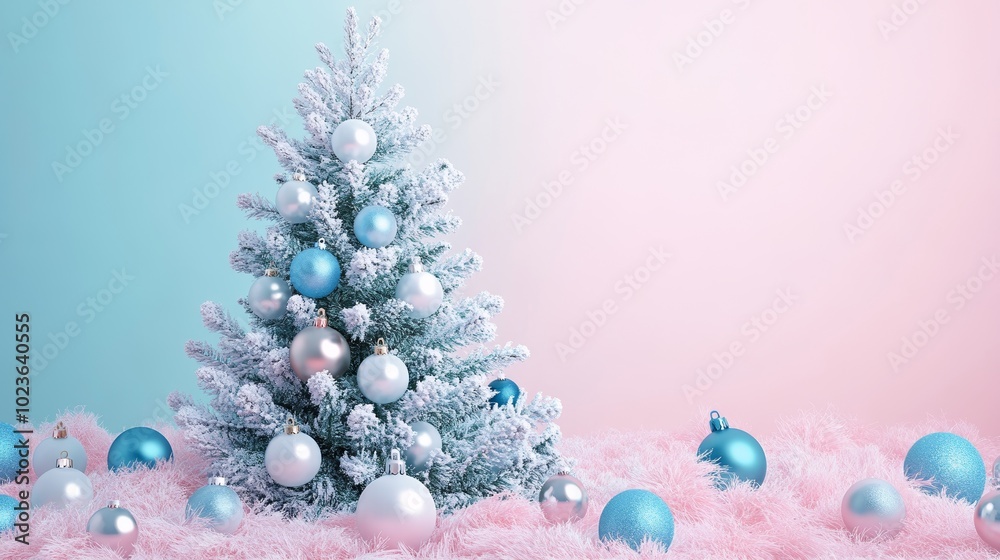 Christmas Tree with Pink and Blue Ornaments on Snowy Branches Christmas Tree with Pink and Blue Ornaments on Snowy Branches