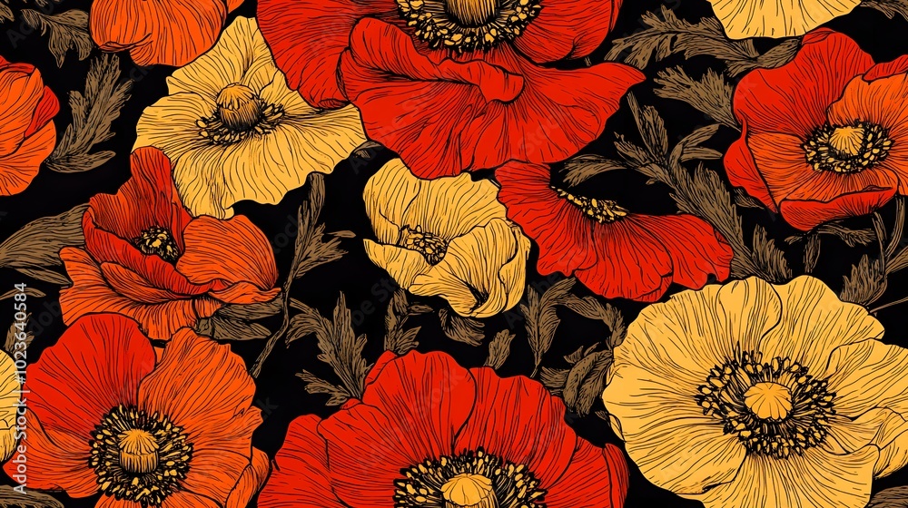 A vibrant floral pattern featuring red, white, and yellow poppies against a dark background, creating a striking visual contrast. A vibrant floral pattern featuring red, white, and yellow poppies against a dark background, creating a striking visual contrast.