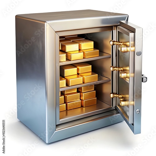a secure storage vault, a bank safety deposit box, gold ingots in a locked container,