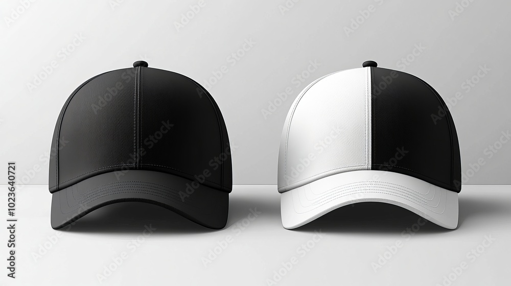 Black and white baseball cap mockup for men and women, isolated on white background, front and back views. Black and white baseball cap mockup for men and women, isolated on white background, front and back views.
