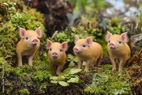 Four adorable piglets explore a lush, green forest floor, surrounded by moss and foliage, capturing a playful and charming scene of nature.