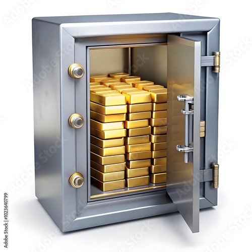 a secure storage vault, a bank safety deposit box, gold ingots in a locked container,
