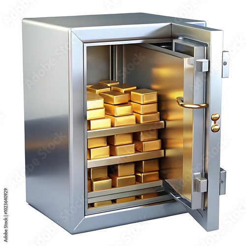 a secure storage vault, a bank safety deposit box, gold ingots in a locked container,