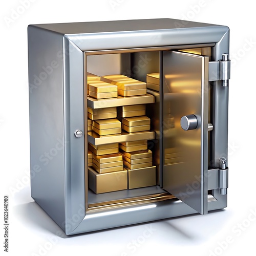 a secure storage vault, a bank safety deposit box, gold ingots in a locked container,