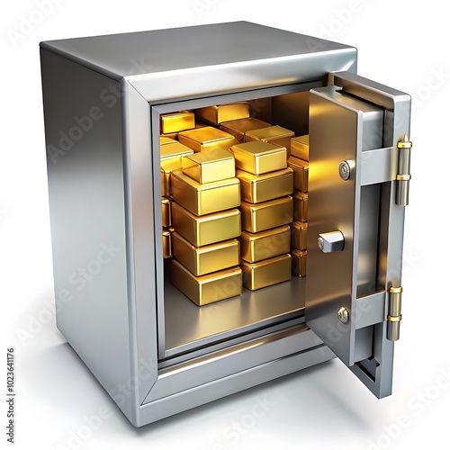 a secure storage vault, a bank safety deposit box, gold ingots in a locked container,