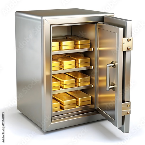 a secure storage vault, a bank safety deposit box, gold ingots in a locked container,