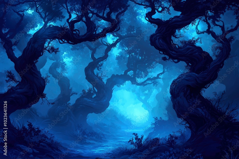 An Enchanting Blue Forest Path Lit by Moonlight An Enchanting Blue Forest Path Lit by Moonlight
