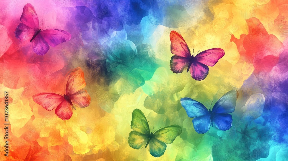 Abstract rainbow flower design featuring butterflies Mixed media artwork Repeating seamless pattern 2d illustration Abstract rainbow flower design featuring butterflies Mixed media artwork Repeating seamless pattern 2d illustration