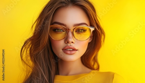 Stylish Woman Wearing Trendy Yellow Glasses on Yellow Background