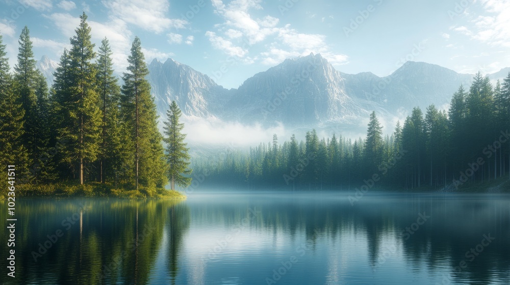 A serene and peaceful scene of a lake surrounded by trees and mountains A serene and peaceful scene of a lake surrounded by trees and mountains