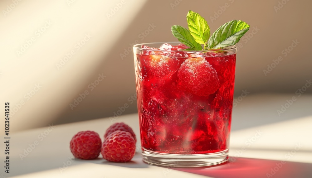Glass of Red Raspberry Drink with Fresh Mint Garnish Glass of Red Raspberry Drink with Fresh Mint Garnish