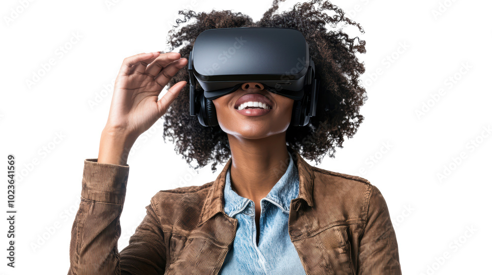 Woman wearing vr glasses isolated on white, transparent Woman wearing vr glasses isolated on white, transparent