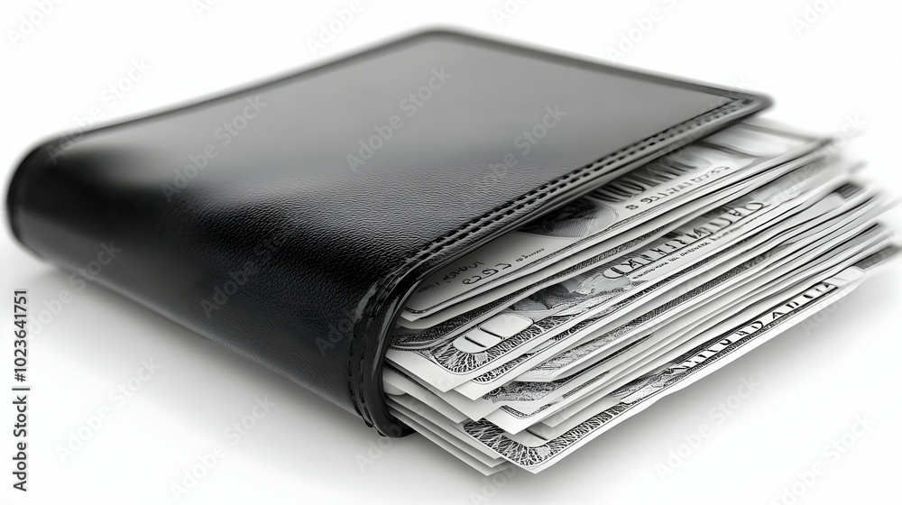 3D Glossy Wallet Hovering Over Cash Receipt with Copy Space for Discounts and Financial Messages - Business Symbolism on White Background 3D Glossy Wallet Hovering Over Cash Receipt with Copy Space for Discounts and Financial Messages - Business Symbolism on White Background