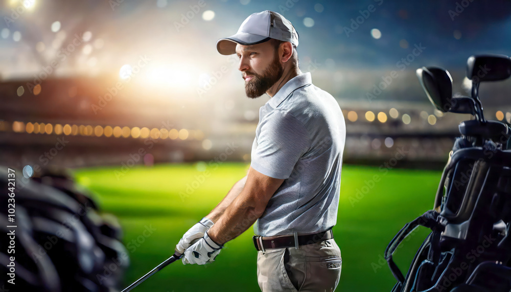 Professional male golfer using indoor golf simulator 