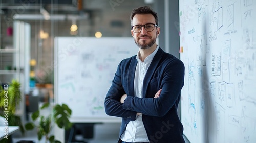 Confident businessman with glasses standing in an office near a whiteboard with crossed arms, symbolizing leadership, success, and professional expertise