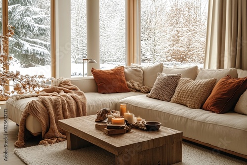 Cozy living room with warm blankets, knitted pillows, and candles on a wooden coffee table, overlooking a snowy winter landscape through large windows