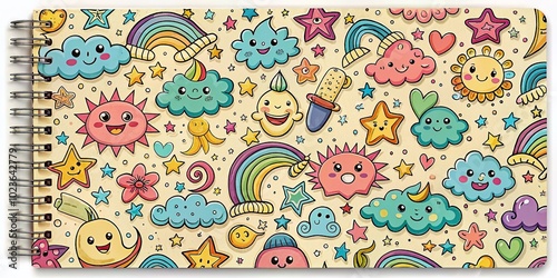 A brightly colored notebook lies open, filled with whimsical cartoon doodles of smiling stars, curly clouds, and playful monsters, against a soft, creamy background. photo